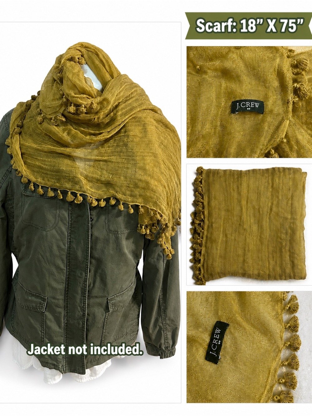 J. Crew Olive Mustard Pom-Trim Lightweight Wrap Scarf